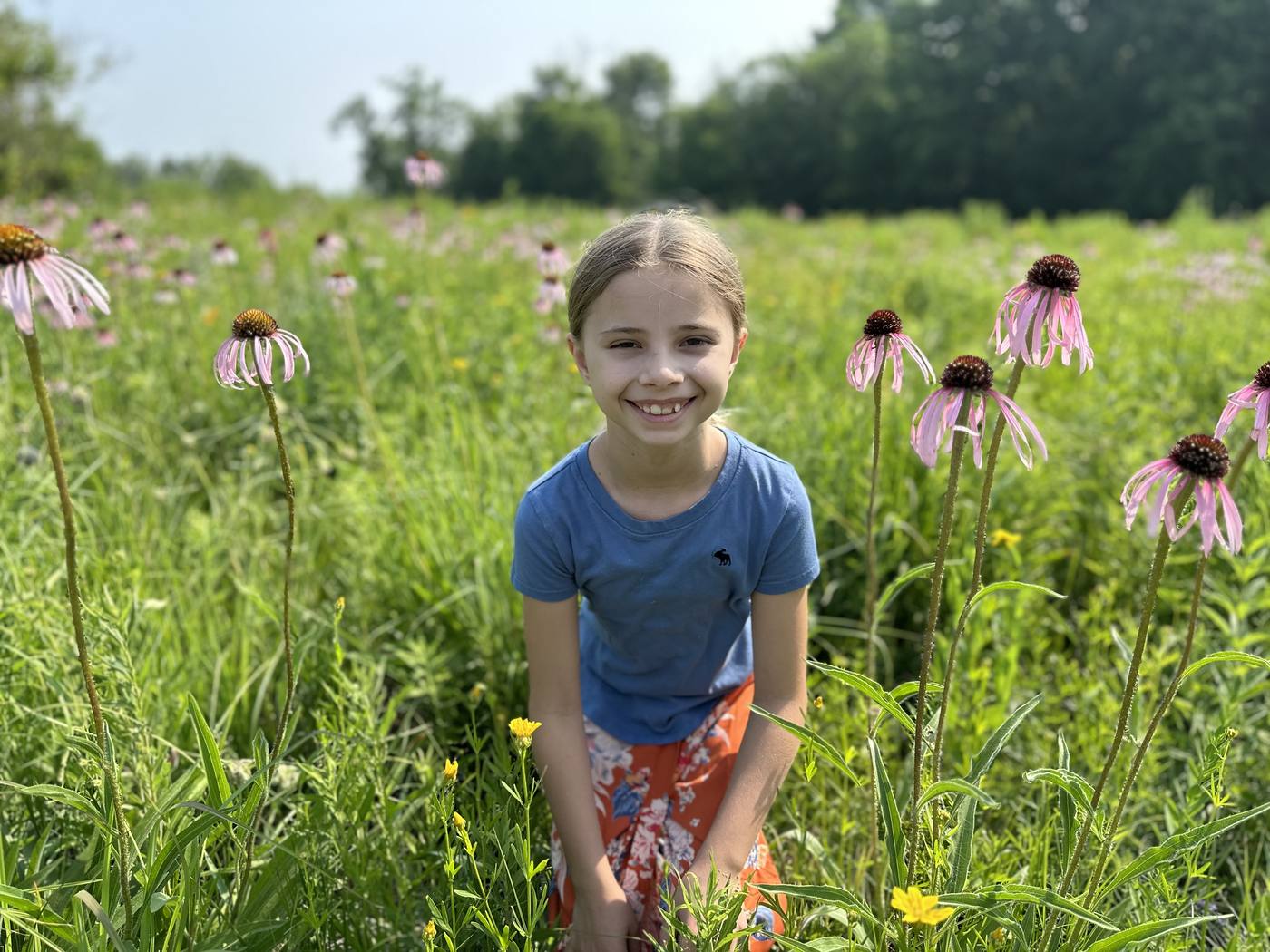 A girl among pale purple coneflowers